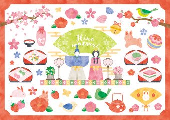 水彩 ひなまつりイラストセット