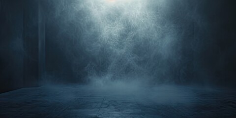 Blue dark abstract light in night background setting empty scene with smog old black fog under spotlight textured smoke creating dramatic lantern space street concept bright effect on floor - obrazy, fototapety, plakaty