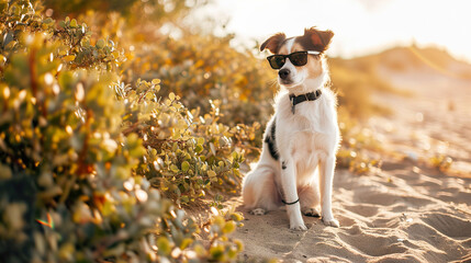 Adorable Dog in Sunglasses on Sandy Beach, Summer Pet Portrait
