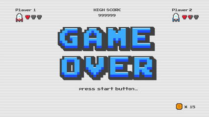 Game over press start button.pixel art .8 bit game.retro game. for game assets in vector illustrations.Retro Futurism Sci-Fi Background. glowing neon grid.and stars from vintage arcade comp