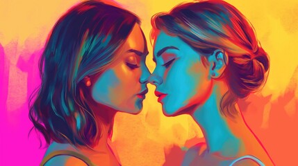 Lesbian couple kissing illustration. Homosexual couple.