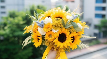 Bursting with sunny radiance, a sunflower-themed wedding bouquet captures the warmth and joy of a wedding celebration, embodying the cheerful spirit and natural elegance of this vibrant flower.