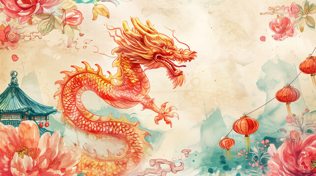 2024 Year of the Dragon. Chinese New Year. Vector watercolor illustration of Dragon