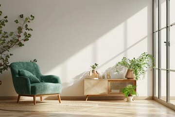 White color wall mock up in warm tones with green armchair and decoration minimal.3d rendering. generative ai.