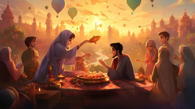 Illustration of a family gathering on the Muslim Eid al-Fitr holiday, they eat together with joy, background illustration of the month of Ramadan Kareem.