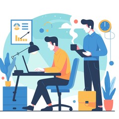 A flat vector illustration of a man working on his laptop in an office setting, with a colleague or boss holding a coffee cup standing behind him