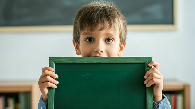 Young Boy Holding Blank Green Chalkboard