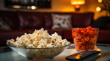 Popcorn in a glass bowl in front of the TV in the home interior with copy space.