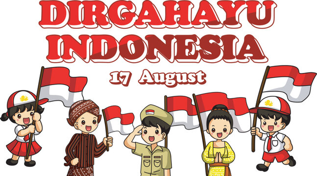 Banner of Indonesian Independence Day with text Dirgahayu Indonesia 17 August and image of people holding the flag