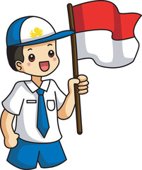 Icon of Indonesian Independence Day with people holding the flag