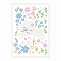 Spring floral cartoon print with cute bunny. Happy Easter print in flat style and pastel colors