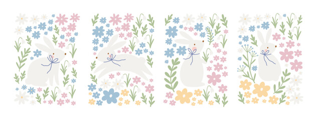 Spring floral cartoon print with cute bunny. Happy Easter print in flat style and pastel colors - obrazy, fototapety, plakaty