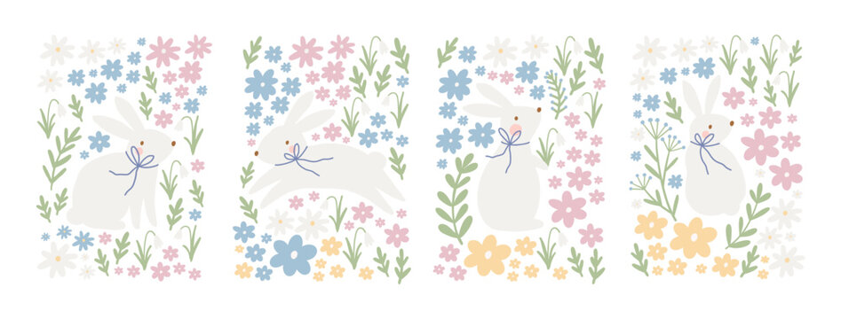 Spring floral cartoon print with cute bunny. Happy Easter print in flat style and pastel colors