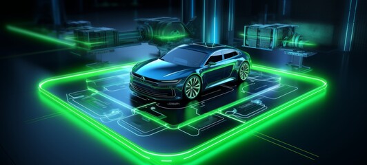 3D graphics rendering showing a fully developed electric vehicle prototype. An electric car standing on a platform with blue-green holographic neon lighting on a dark blue background. Future is now.