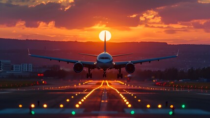 view of airplane landing at sunset