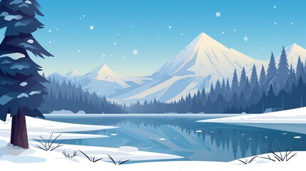 2d flat illustration of green landscape scenery mountain and lake during winter season