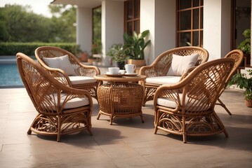 outdoor terrace with wicker armchairs and wicker coffee table. chairs and tables