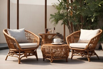 outdoor terrace with wicker armchairs and wicker coffee table