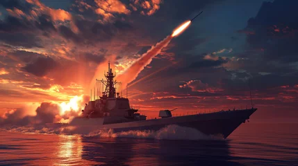 Foto op Plexiglas The warship is firing missiles at the target. © jkjeffrey