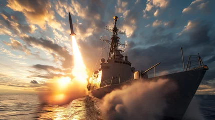 Fotobehang The warship is firing missiles at the target. © jkjeffrey