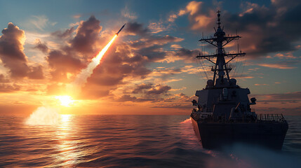 The submarine is firing missiles at the target. - obrazy, fototapety, plakaty