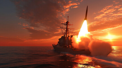 The warship is firing missiles at the target. - obrazy, fototapety, plakaty