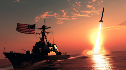 The submarine is firing missiles at the target. - obrazy, fototapety, plakaty