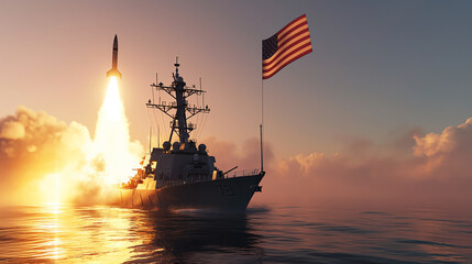 The warship is firing missiles at the target. - obrazy, fototapety, plakaty
