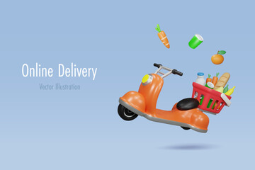 Online shopping delivery service. Scooter with shopping basket full of grocery foods and drink. 3D vector cartoon character.