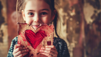 Heartwarming Valentine's Card Crafted by Child's Hands - obrazy, fototapety, plakaty
