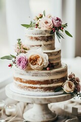 Obraz na płótnie Canvas Beautiful rustic wedding cake, natural background with copy space.