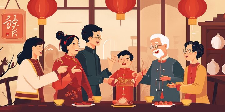Happy family celebrating Chinese New Year in traditional clothes cartoon vector illustration.
