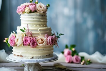 Beautiful rustic wedding cake with copy space. - obrazy, fototapety, plakaty