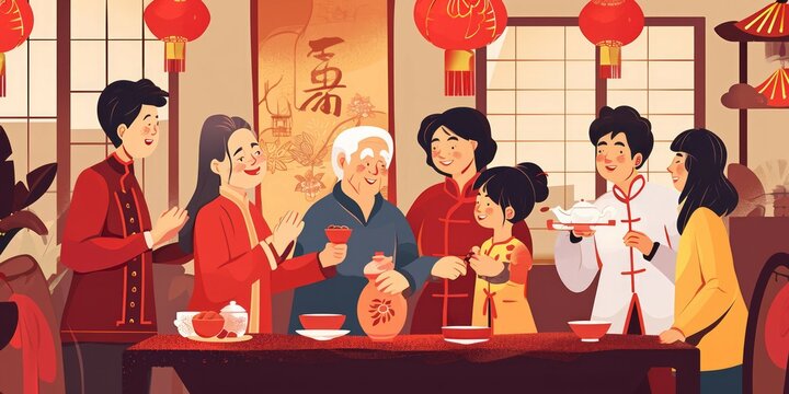 Happy family celebrating Chinese New Year in traditional clothes cartoon vector illustration.