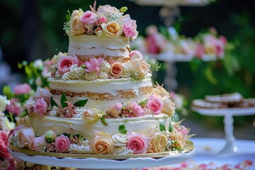 Obraz na płótnie Canvas 3 stair rustic wedding cake with copy space.