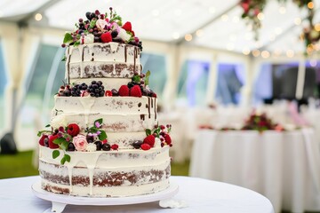 3 stair rustic wedding cake with copy space.