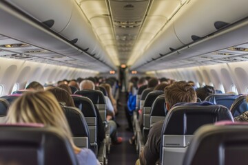 Fototapeta premium Interior view of a commercial airplane with passengers seated