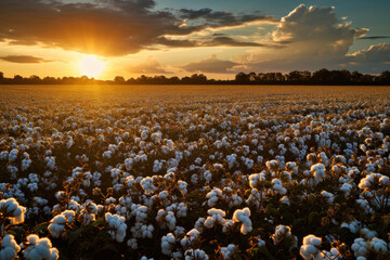 Cotton Field Sunset Glow - Dramatic Sky Over a Cotton Plantation at Dusk