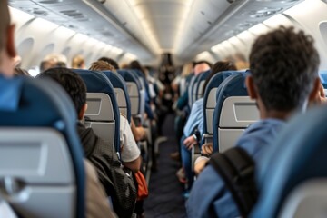 Passengers seated in the cabin of an airplane - obrazy, fototapety, plakaty