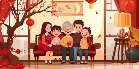 Happy Chinese New Year 2024, 2025, 2026, 2027, 2028 greeting card, banner, poster. Cute cartoon family celebrate chinese new year. - obrazy, fototapety, plakaty