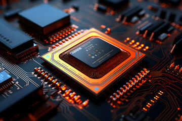 Fototapeta na wymiar Electronic circuit CPU board with processor, representing computer technology and hardware industry in a close-up macro view