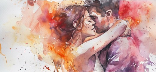 Watercolor illustration of a loving couple kissing on abstract watercolor background