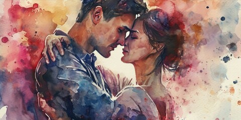 Watercolor illustration of a loving couple kissing on abstract watercolor background