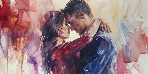 Watercolor illustration of a loving couple kissing on abstract watercolor background