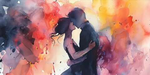 Watercolor illustration of a loving couple kissing on abstract watercolor background - obrazy, fototapety, plakaty
