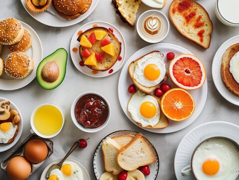 Breakfast menu, food on the table seen from above: eggs, coffee, avocado, toast, orange juice, fruits