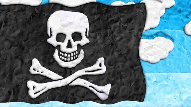 Pirate Flag Claymation Stop Motion 4K Loop features a Claymation stop-motion style animation of a skull and crossbones flag waving with clouds moving across a blue sky in the background in a loop.