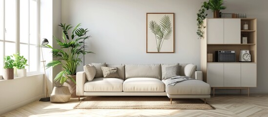 Poster mockup in simple living room with white cupboard and beige sofa, along with a radio against the wall.