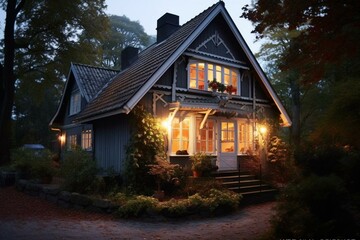 well-lit vintage Swedish house with beautiful exterior design. Generative AI