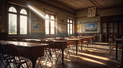 Sunlit Sanctuary: Where Knowledge Basks in Golden Rays, a Classroom Awaits Dreams to Bloom.
Lessons in Light: Wooden Wisdom Whispers, Sunbeams Paint Stories on Empty Pages, Awaiting Curious Minds.